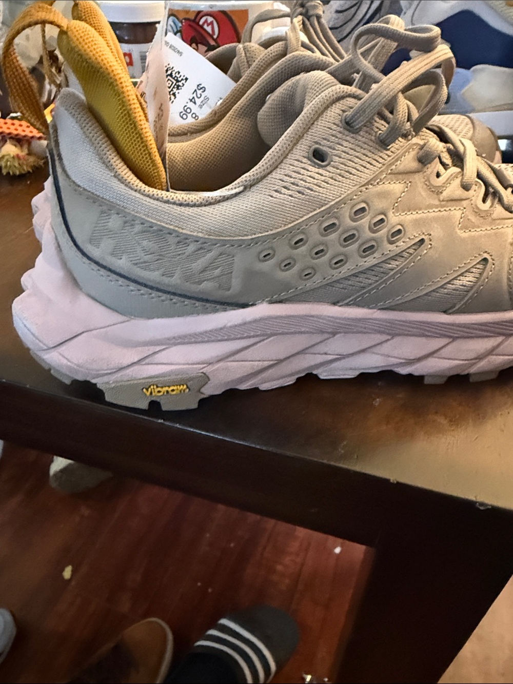 Hoka Beige Trail Sneaker with Yellow Heel Tab
